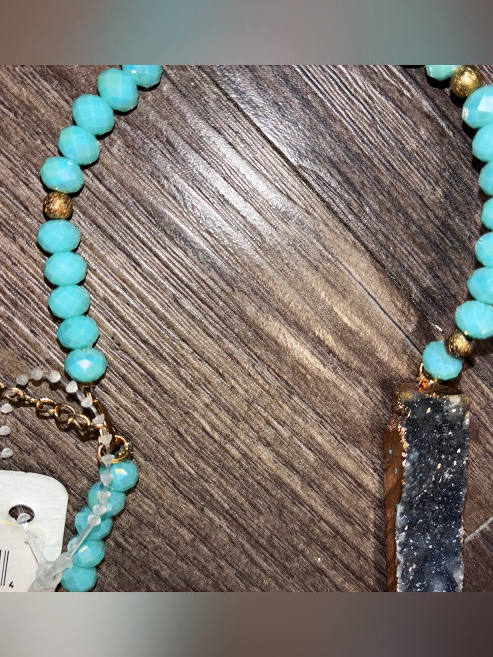 tJane Marie 13" Aqua Beaded Link Choker Necklace with Rectangle Grey Druzy Stone